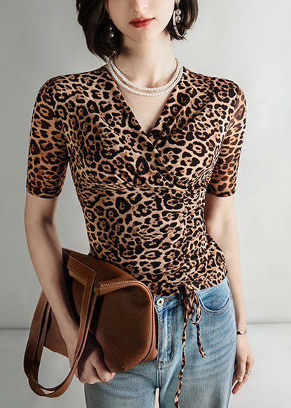 Leopard V Neck Cinched Tulle Tops Summer