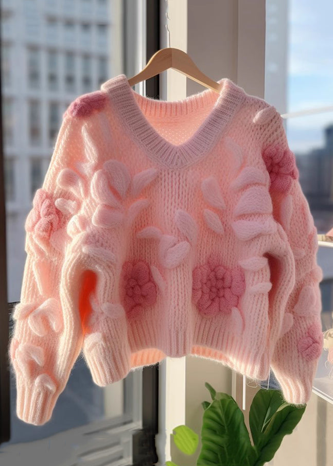 Pink V Neck Original Design Knit Cardigans Fall