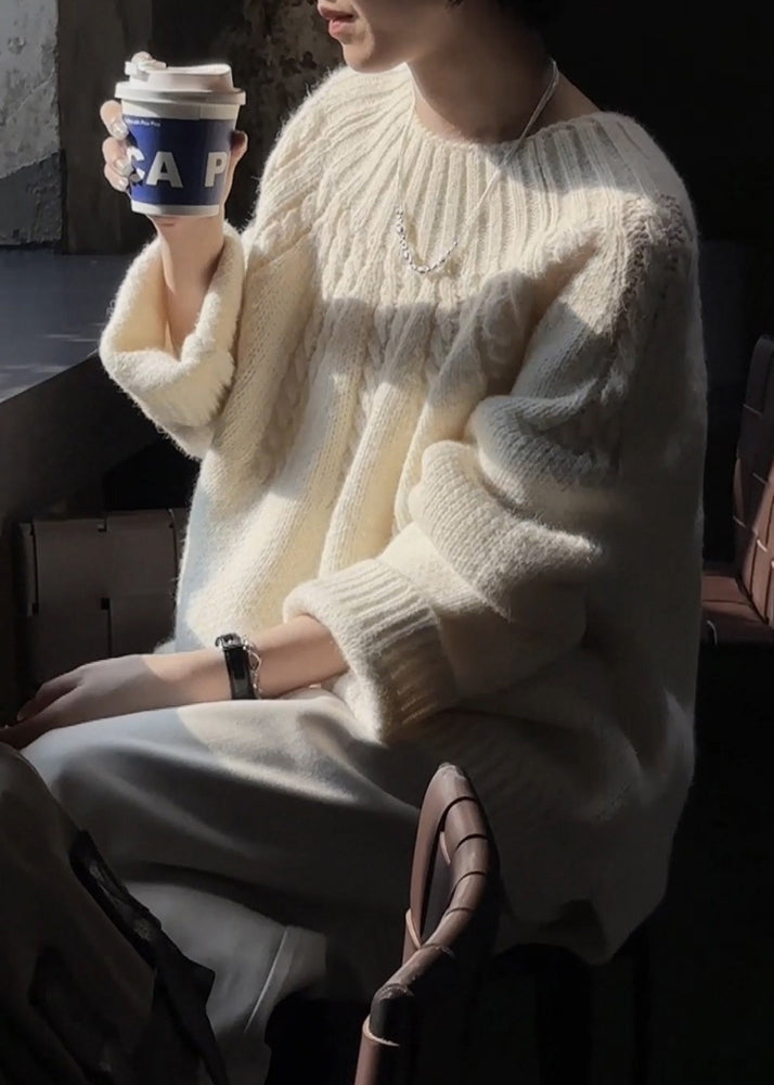 Beige O Neck Thick Cozy Cable Knit Sweater Winter