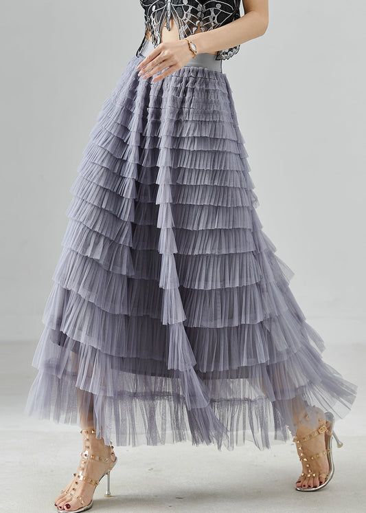 Grey Elastic Waist Layered Tulle Skirts Summer