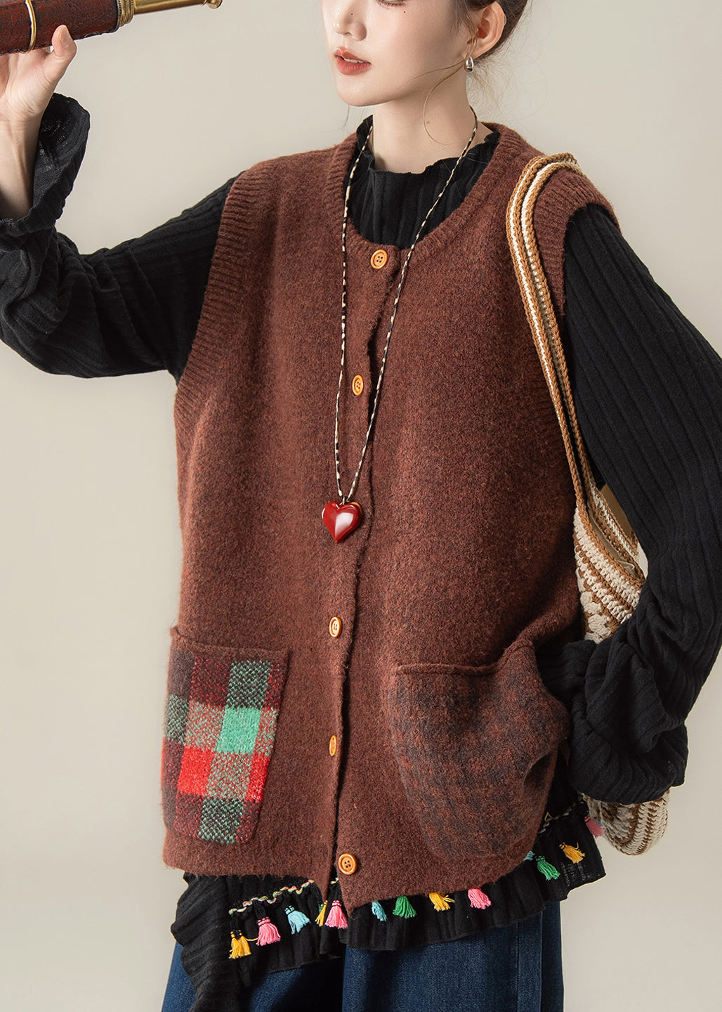 Coffee O-neck Pockets Thick Cotton Knit Sweaters Sleeveless