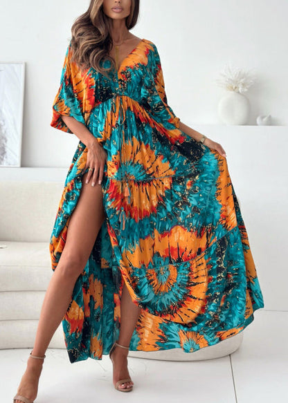 Green V Neck Print Side Open Cotton Dress Summer