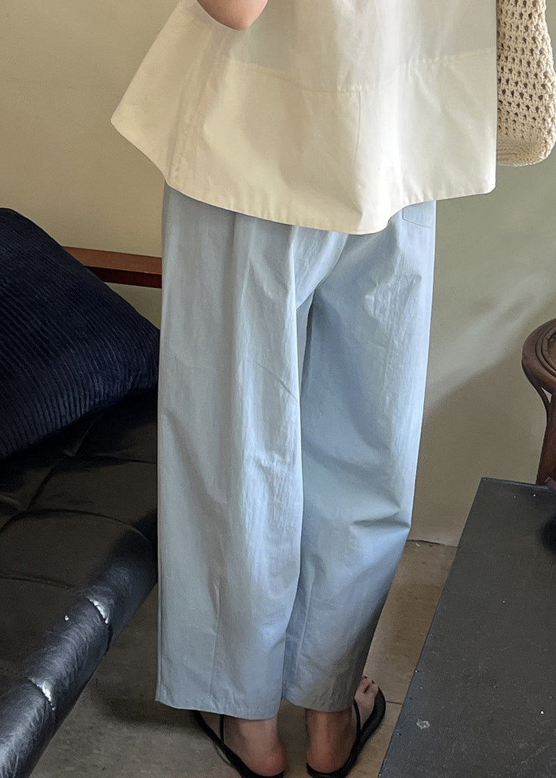 Blue Loose Cotton Crop Pants Elastic Waist Summer