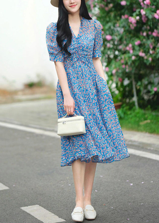 Blue V Neck Print Pockets Cotton Dress Summer