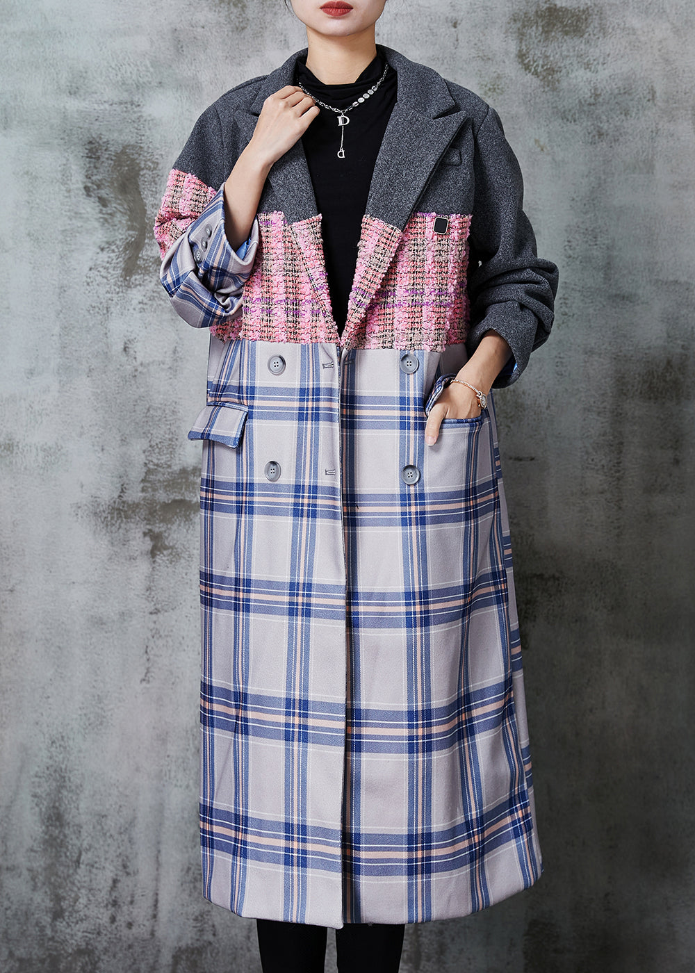 Colorblock Oversized Patchwork Woolen Trench Fall