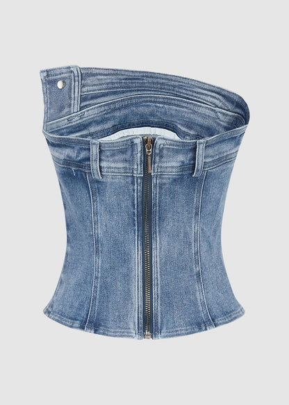 Blue Patchwork Cold Shoulder Denim Top Sleeveless