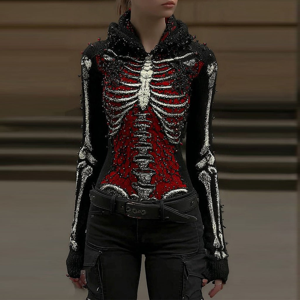 Women's Vintage Halloween Skull Sequin Art Knitted Hooded Sweater artswardrobe