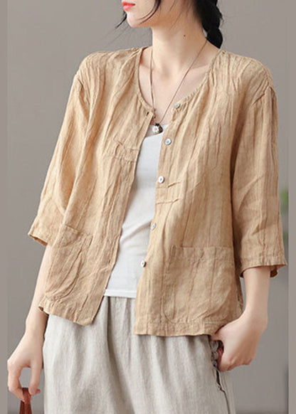 Yellow Patchwork Linen Shirt Tops Pockets Bracelet Sleeve