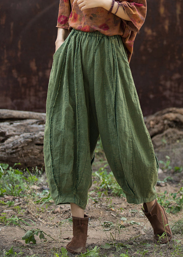 Green Linen Wide Leg Pants Elastic Waist