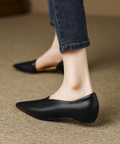 Black Cowhide Leather Splicing Flat Shoes for