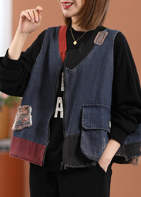 Italian Blue O-neck Zippered Patchwork Denim Waistcoat Sleeveless