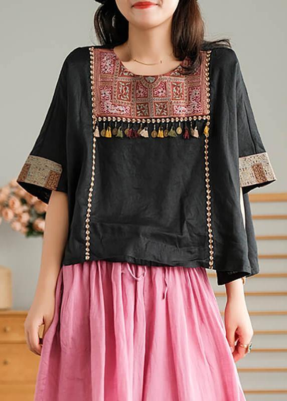 Black Embroidered Linen T-shirt