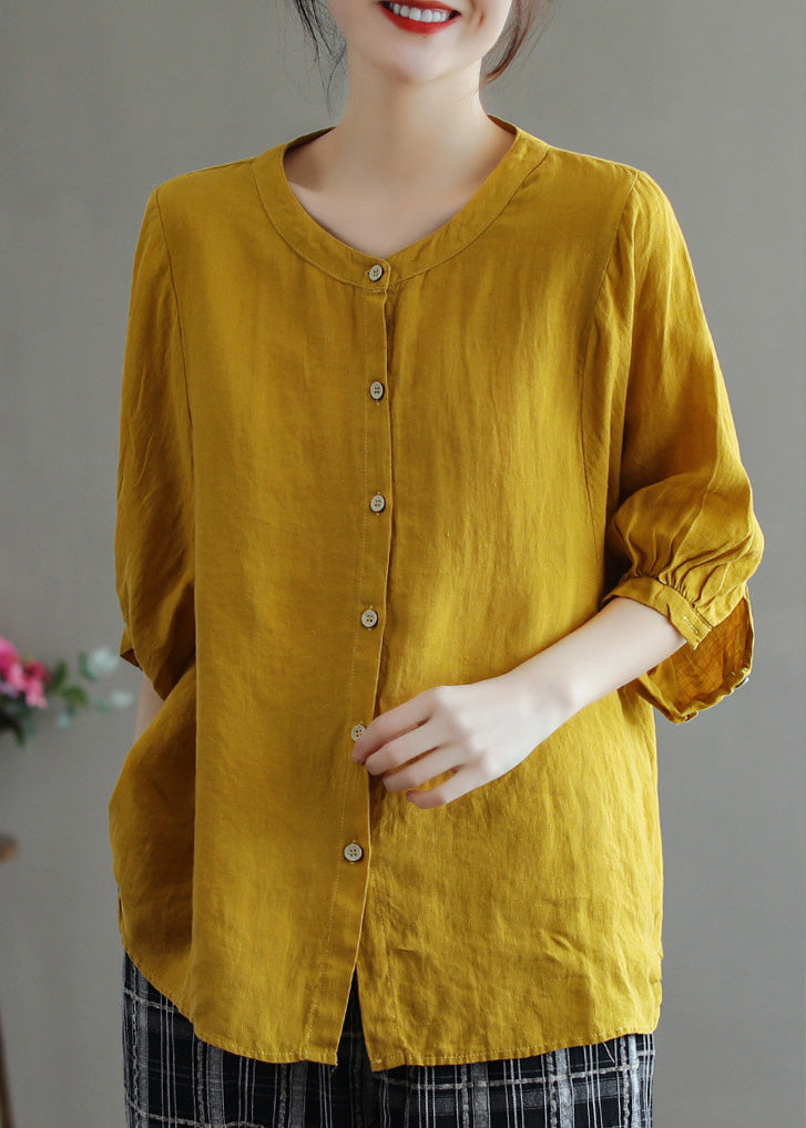 Rose O-neck Button Low High Design Linen Shirt Half Sleeve