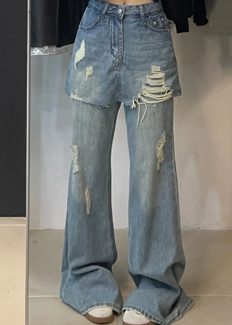 Blue False Two Pieces High Waist Denim Pants Summer