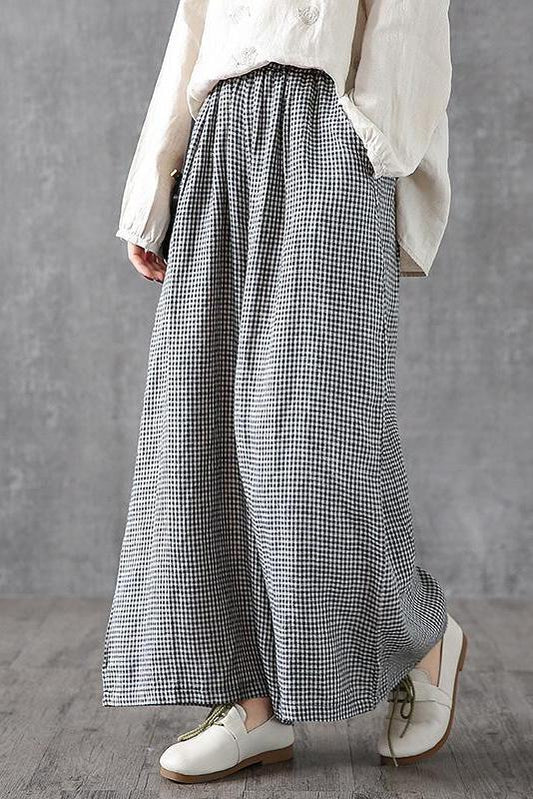- Lotstrends Hand-made Plaid Linen Wide Leg Pants