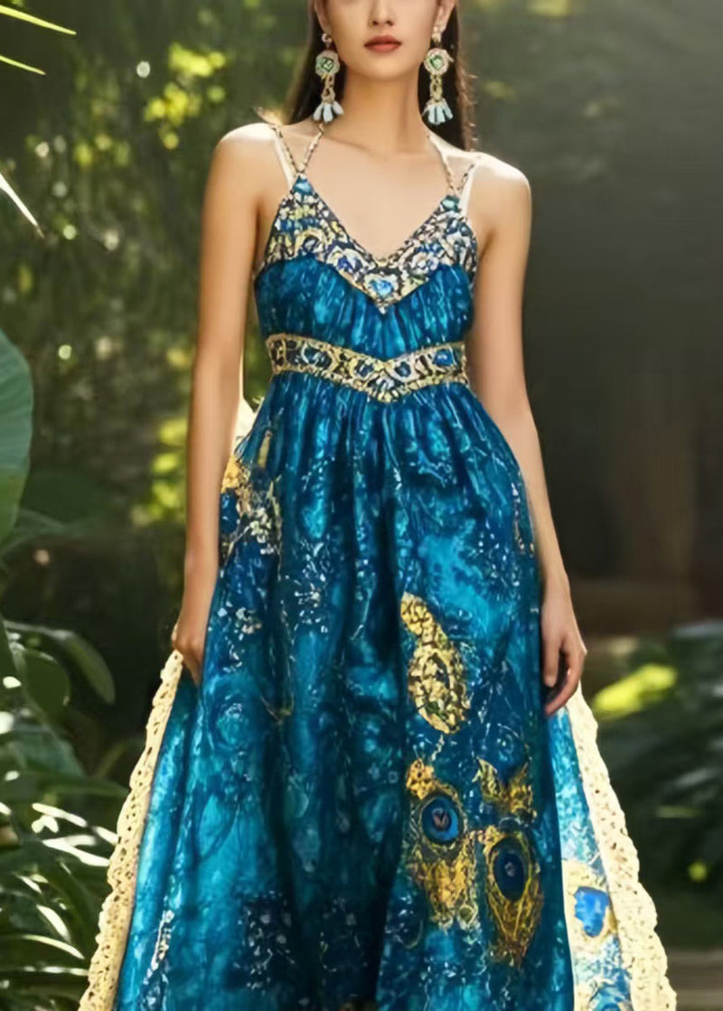 Navy Print Exra Large Hem Chiffon Holiday Dress Summer