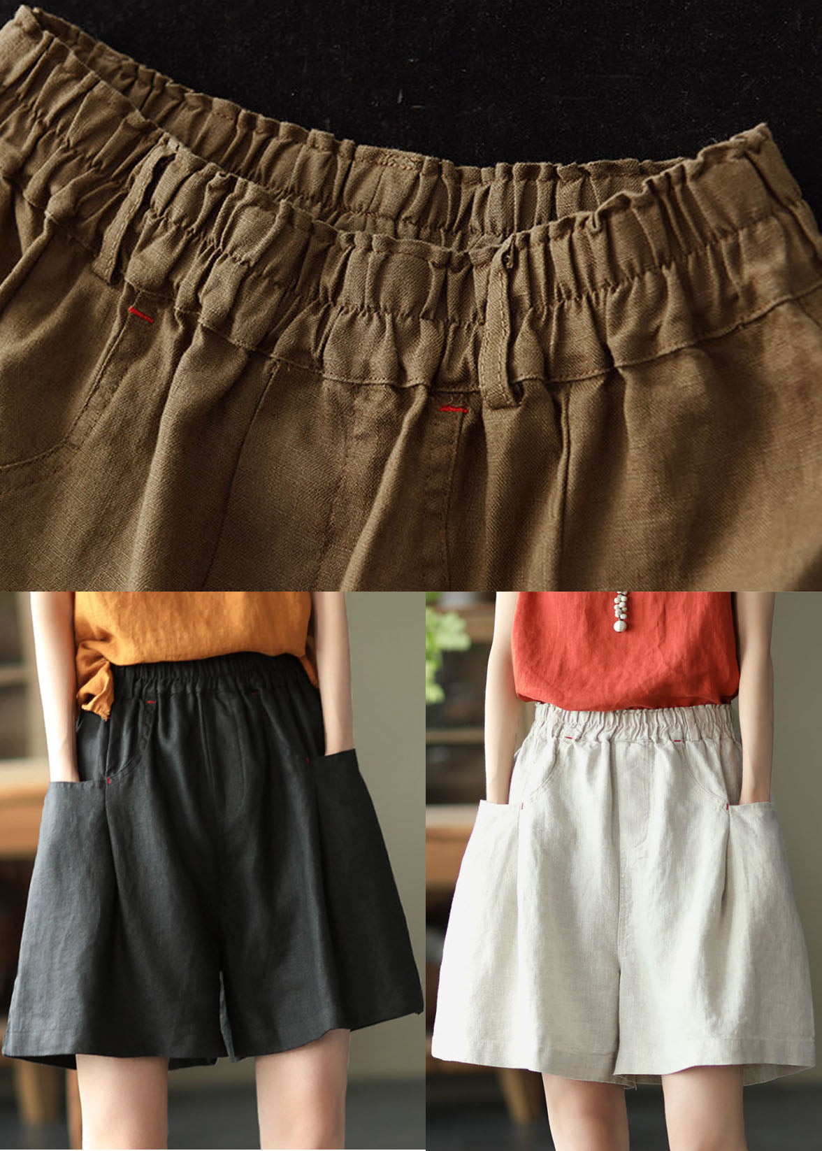 Black Elastic Waist Linen Shorts Trousers Summer