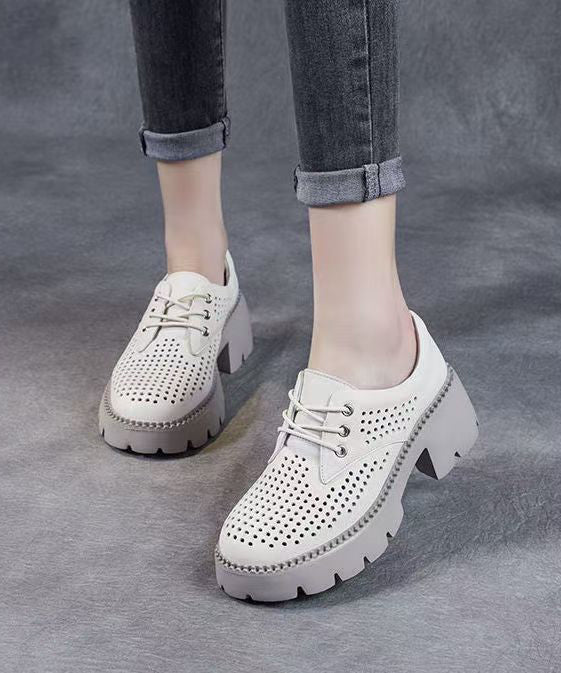 Beige Splicing Chunky Heel Hollow Out Lace Up