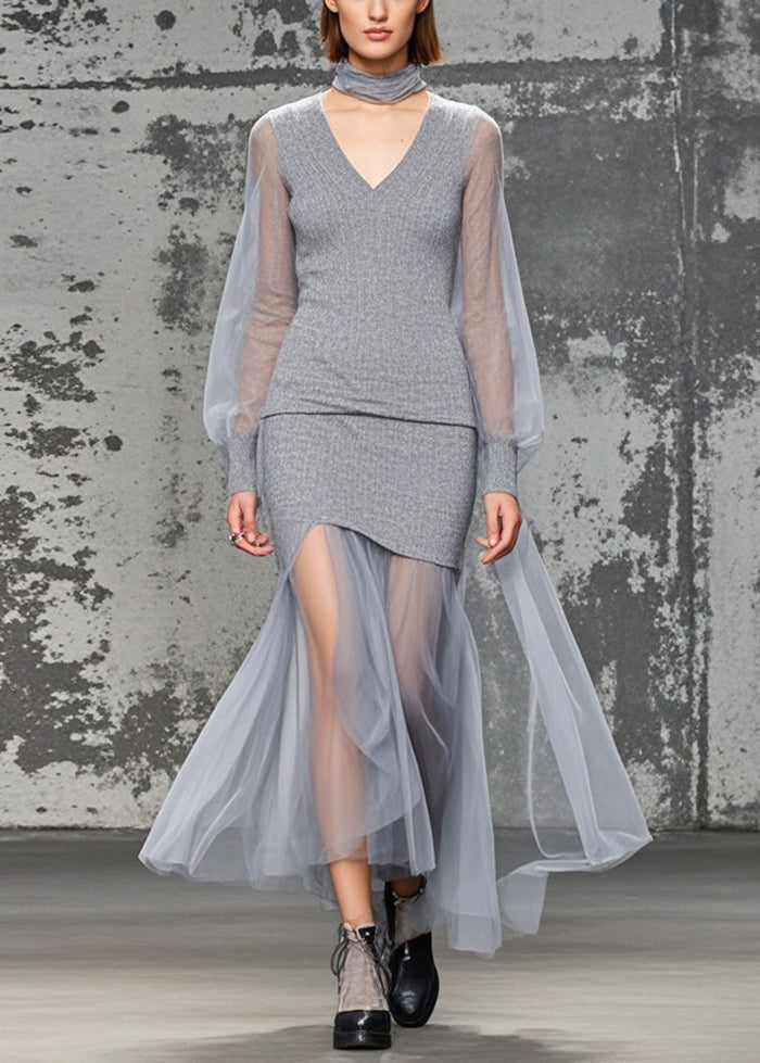 Grey V Neck Patchwork Tulle Knitwear Dress Fall