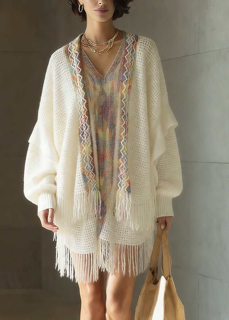 White Print Patchwork Tassel Knit Cardigan Spring