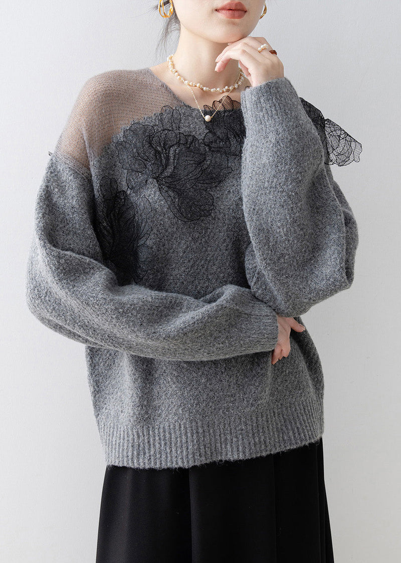 Original Design Grey O-neck Knit Sweaters Spring