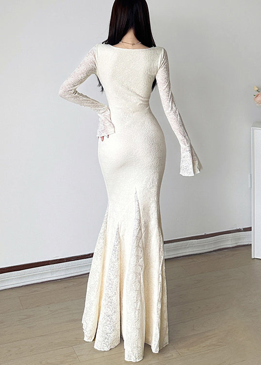 White V Neck Exra Large Hem Lace Ankle Dress Spring