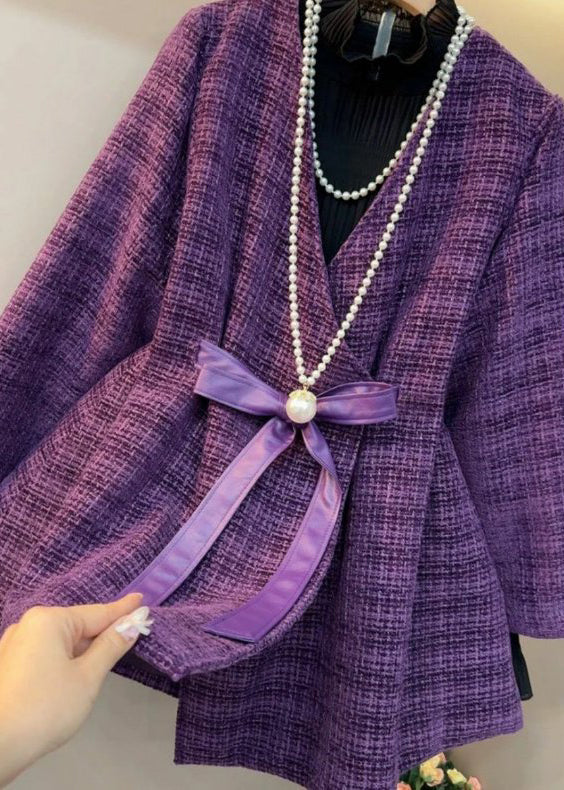 Purple V Neck Bow Thick Woolen Coats Spring
