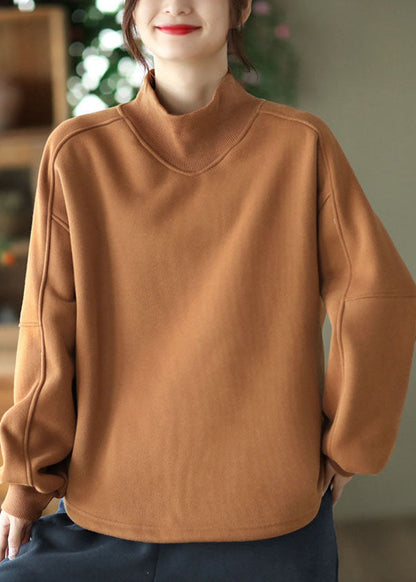 Brown Stand Collar Oversized Warm Fleece Sweatshirt Winter