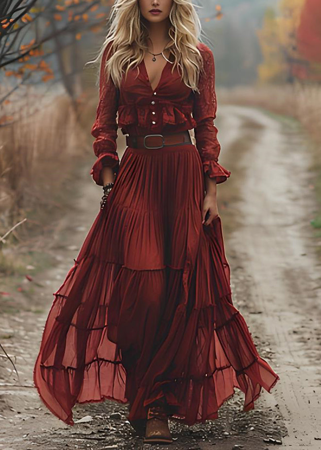 Red V Neck Wrinkled Patchwork Cotton Maxi Dresses Long Sleeve