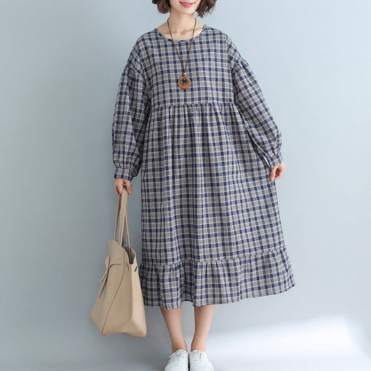 Apparel Loose Plaid Dress Cotton Linen Dresses