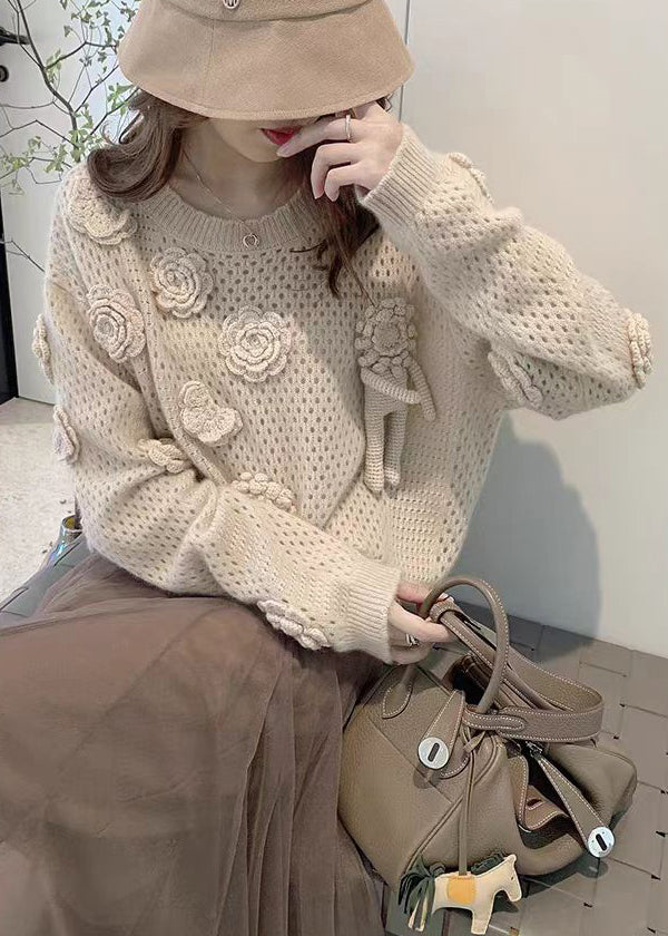 French Apricot O Neck Hollow Out Knit Sweaters Fall