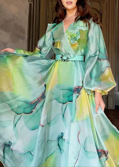 Green Peter Pan Collar Print Tulle Dress Long Sleeve