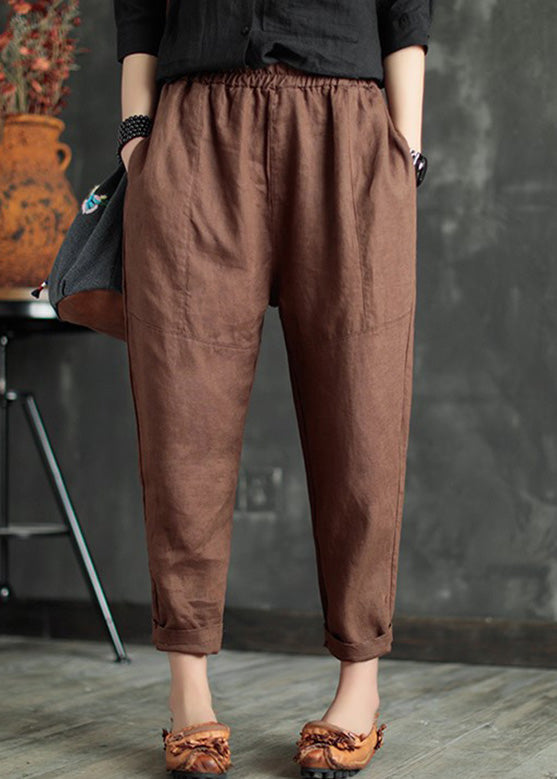 Coffee Elastic Waist Linen Crop Pants