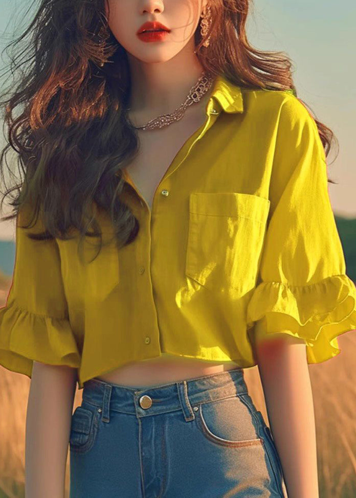 Red Peter Pan Collar Cotton Short Shirts Flare Sleeve