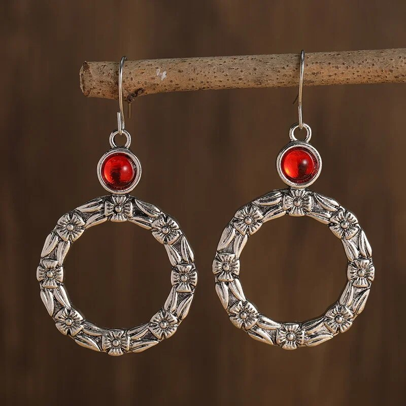 Circle Red Zirconia Earrings
