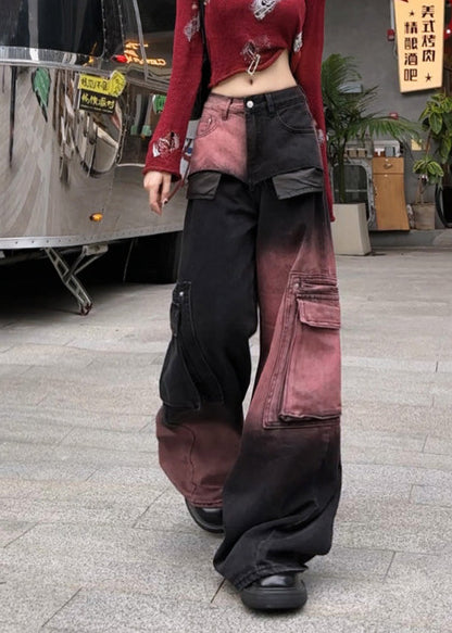 Modern Gradient Color Oversized With Pockets Denim Pants Spring