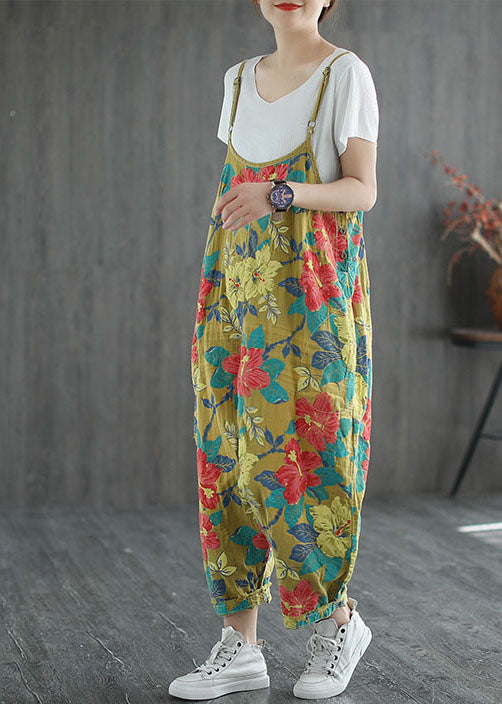 Yellow Oversized Print Cotton Jumpsuit Ripped Jeans Spring