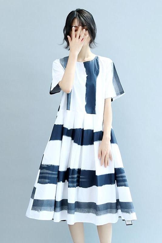 Round Neck Blue White Wide Stripe Summer Chiffon Loose Fitting Dresses