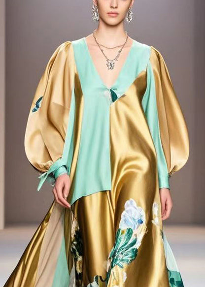 Golden Asymmetrical Patchwork Print Silk Vacation Dress Fall
