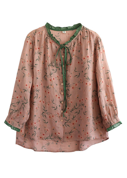 Neck Tie Ruffled Print Low High Design Linen Shirt Long Sleeve