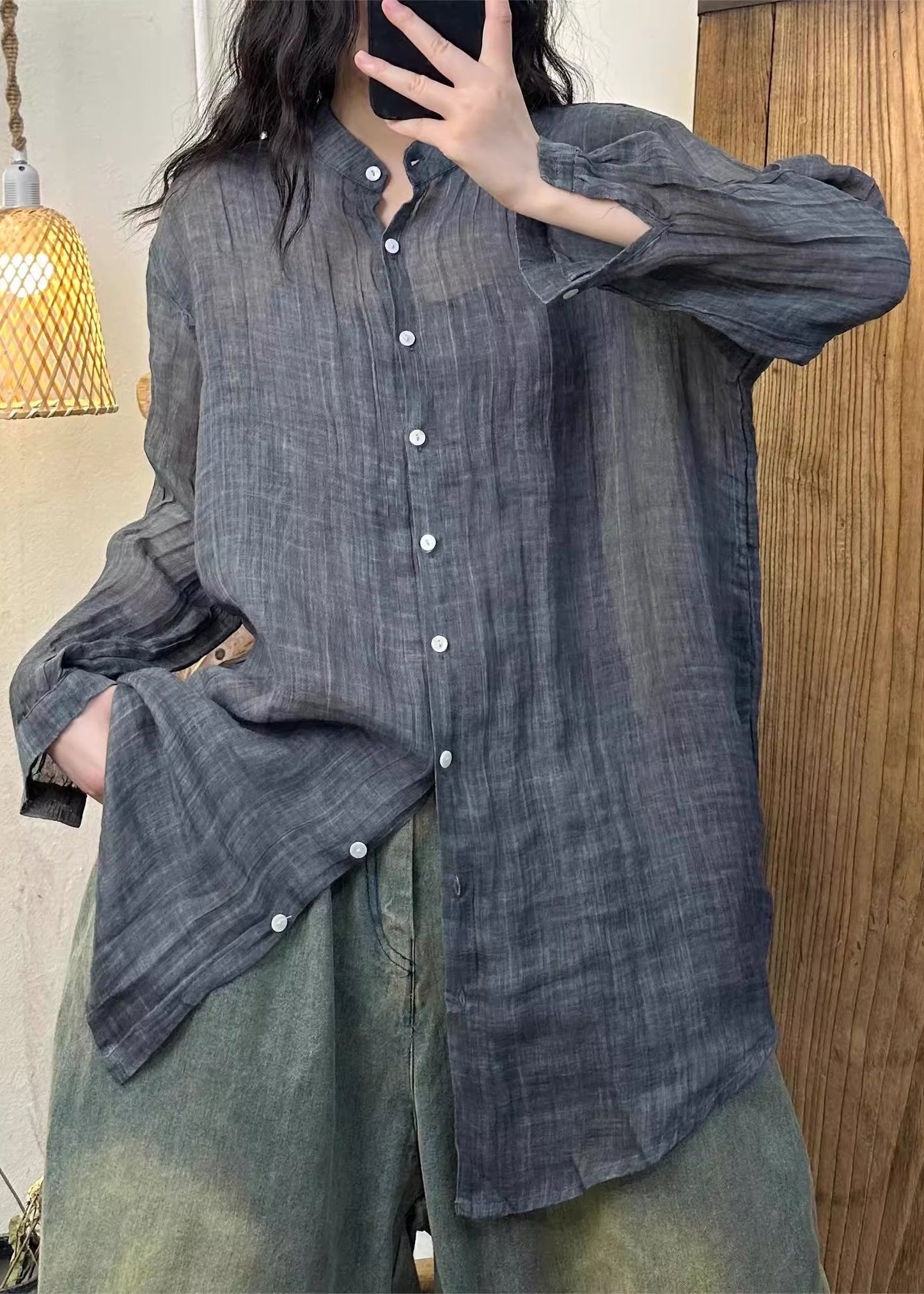 Pink Wrinkled Button Linen Shirt Spring