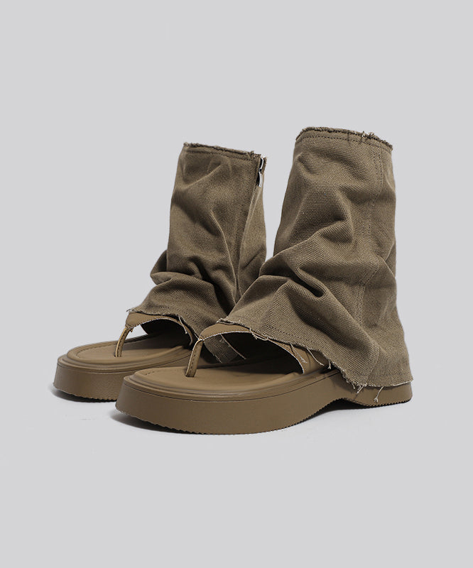 Khaki Platform Hollow Out Denim Thong Sandals Boots