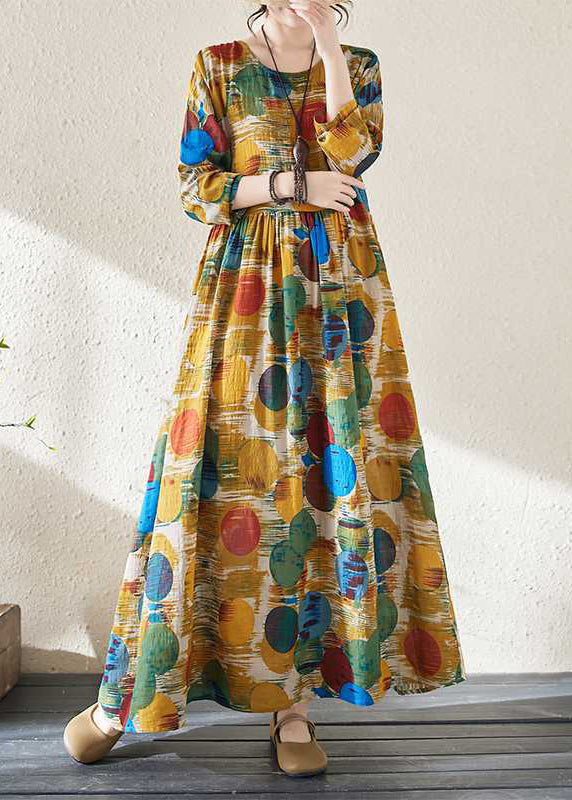 Yellow Patchwor Print Vacation Dresses Long Sleeve