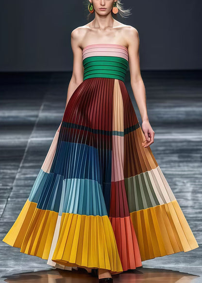 Original Design Multicolor Patchwork Wrinkled Chiffon Strapless Dresses