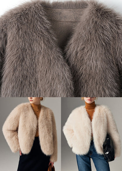 White Cozy Leather and Fur Coats Long Sleeve
