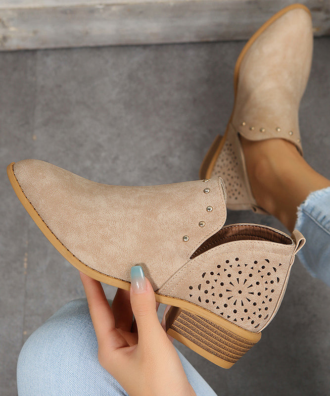 Brown Hollow Out Splicing Chunky Ankle Boots Pointed Toe