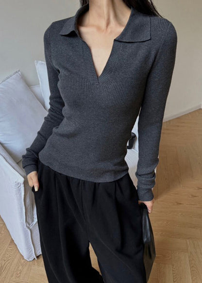 Black Peter Pan Collar Slim Fit Knit Top Spring