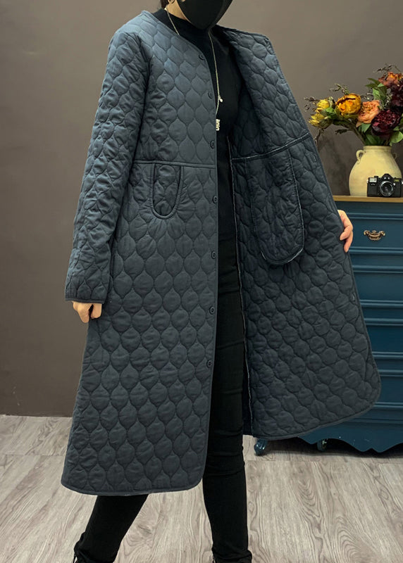 Beige O Neck Pockets Fine Cotton Filled Coat Winter