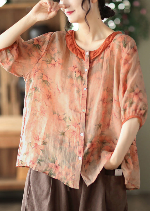 Orange O-neck Button Ramie Shirt Summer