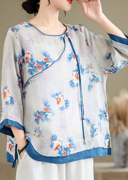Blue O-neck Print Patchwork Shirt Long Sleeve
